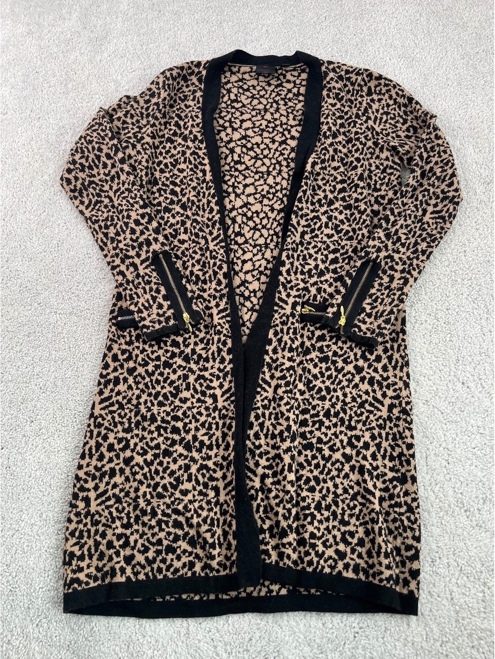 Rafaella Leopard Print Long Cardigan Women’s Tan Black Open Front Zip Pockets